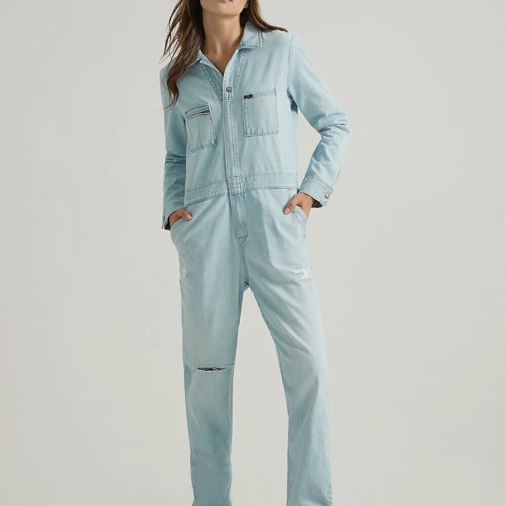 Lee Union Alls Jumpsuit Women's Size L Coveralls Blue Denim Distressed Knees